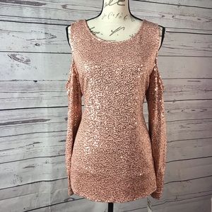INC Sequin Shimmer Rose Blouse cold shoulder NWT L